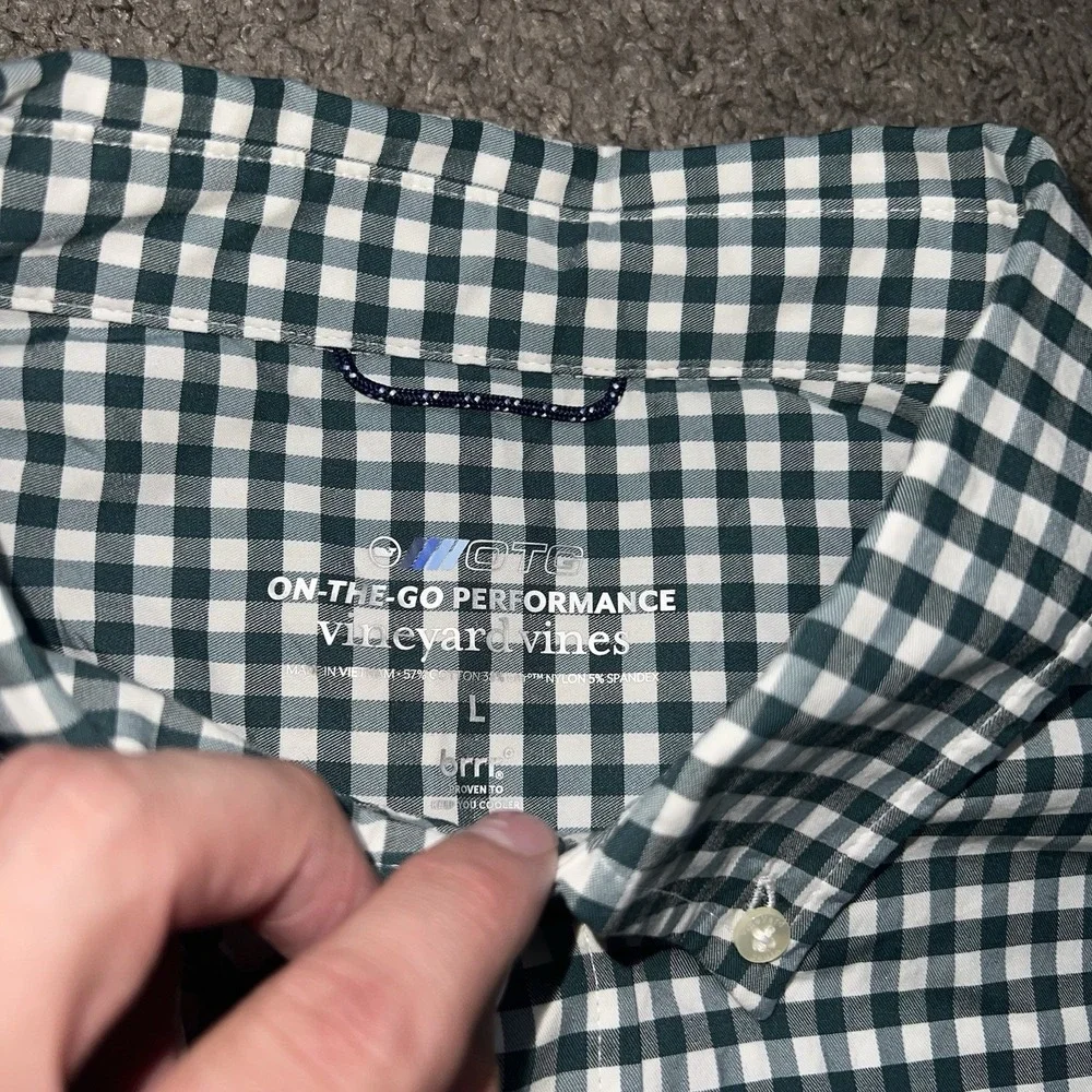 Vineyard Vines Mens On-The-Go Performance Gingham Shirt Green White Large brrr